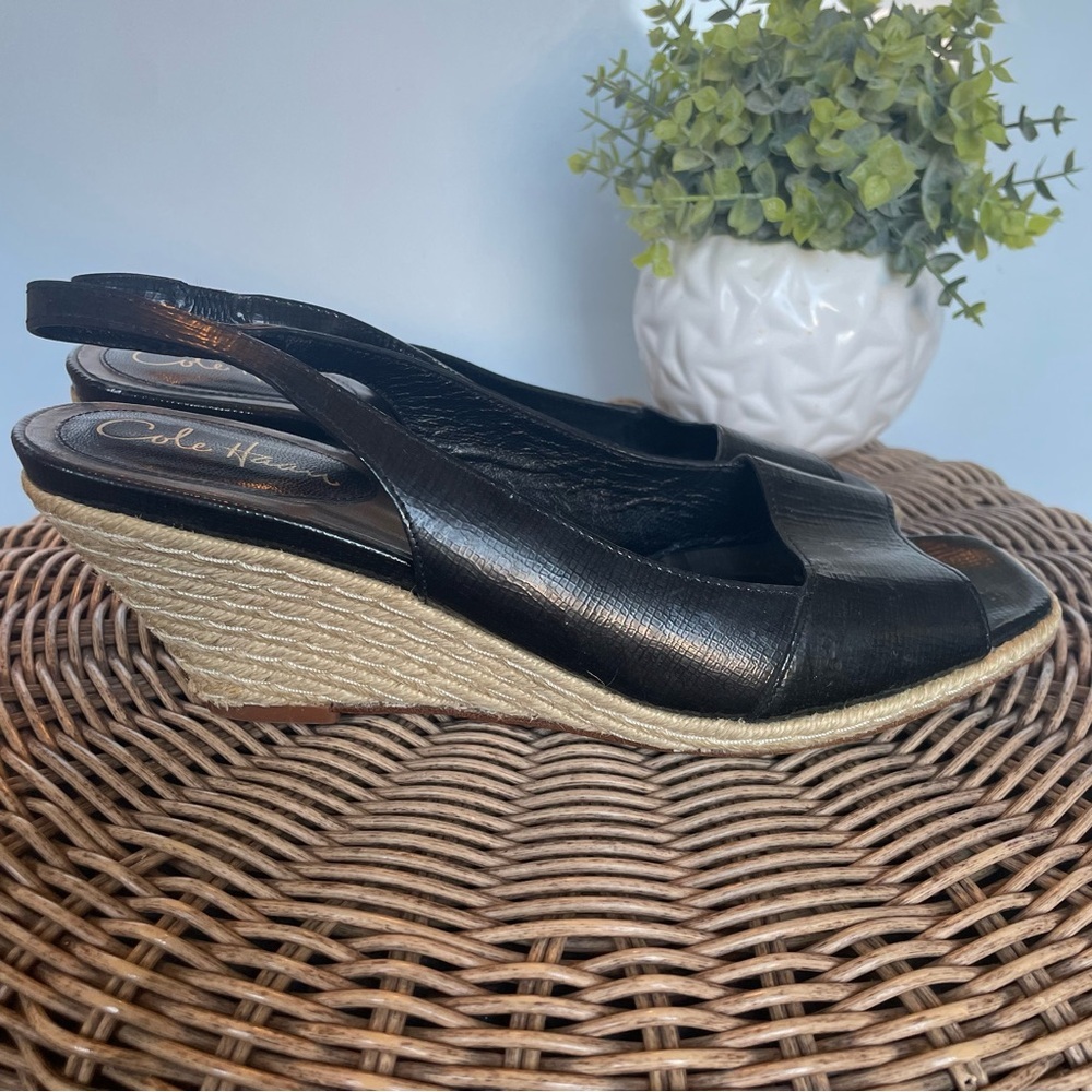 Cole Haan Black Peep-Toe Slingback Wedges - Picture 3 of 15